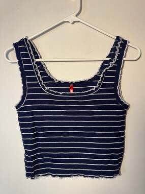 UNIONBAY Navy Blue and White Striped Ribbed Tank Top with Lettuce Edge Trim